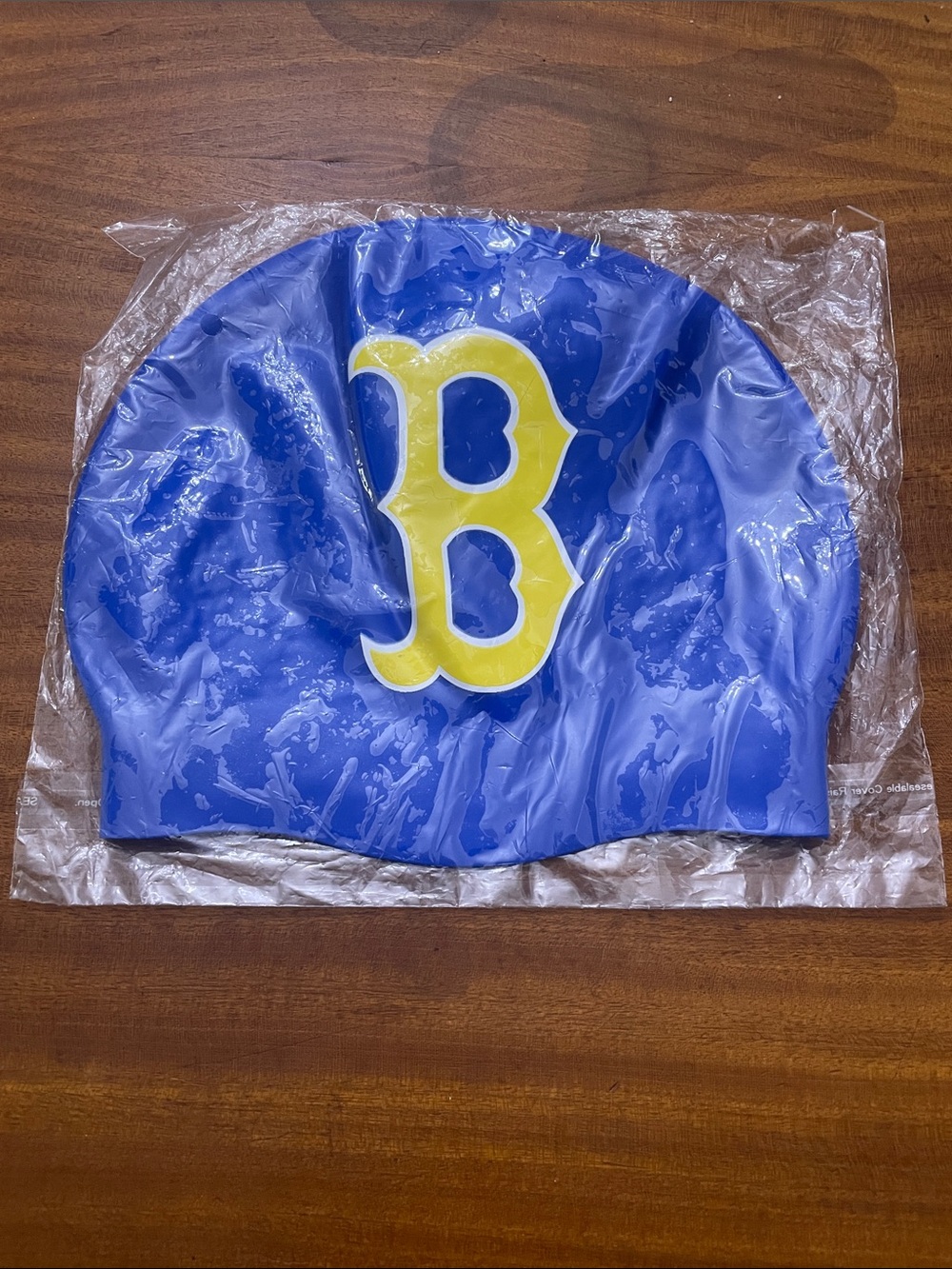 adidas Women Swim Blue Silicone Swim Cap with Yellow 'B' Logo